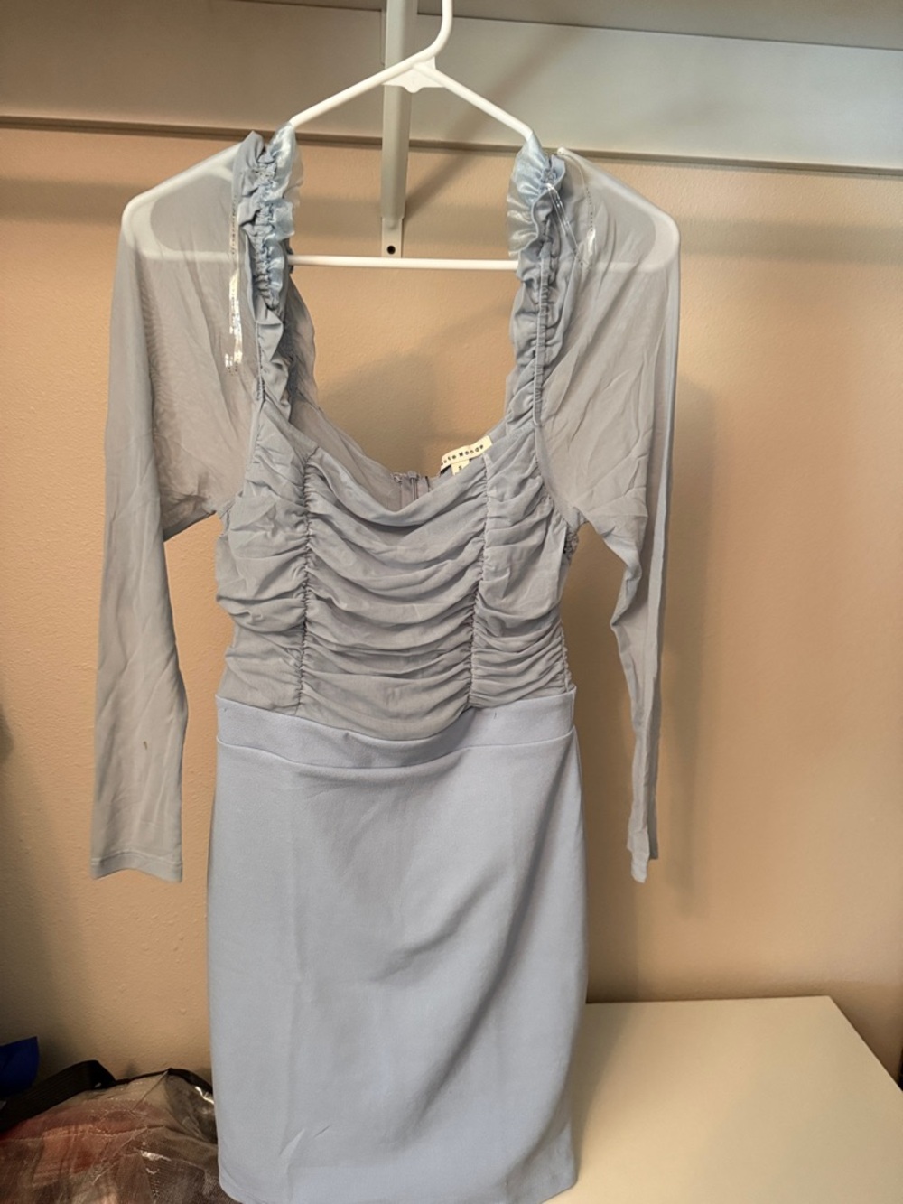 Haute Monde Powder Blue Ruched Mesh Bodycon Dress